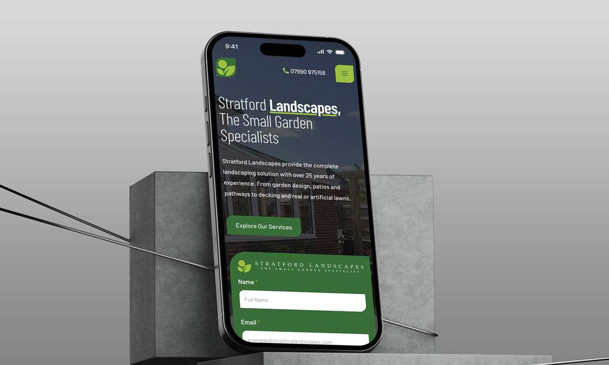 Stratford Landscapes Website mockup on mobile